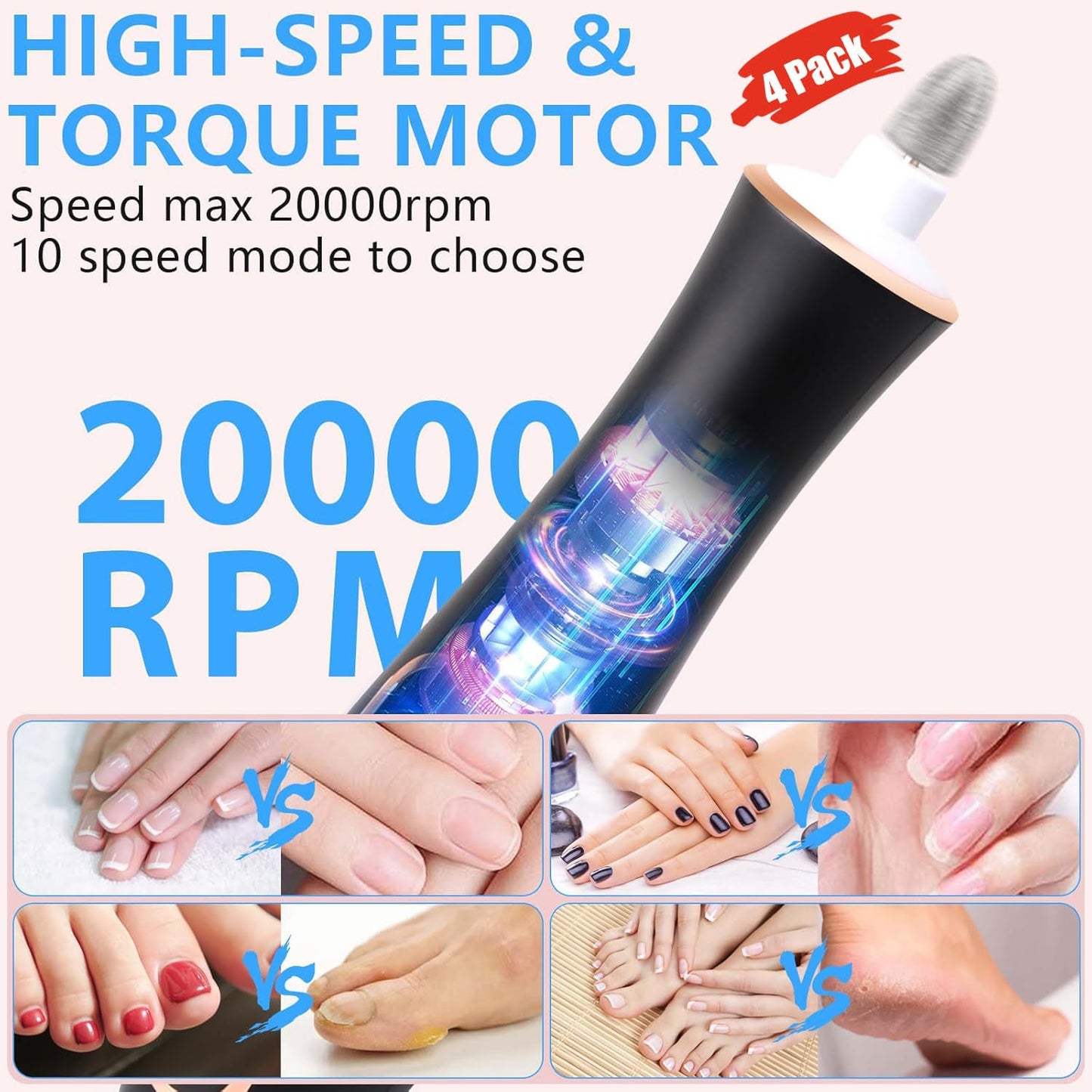 4 Pack Multi-Function Nail Drill Art Grinder – 10 Attachments & 100 Sanding Rings for Salon & Home Use, Black