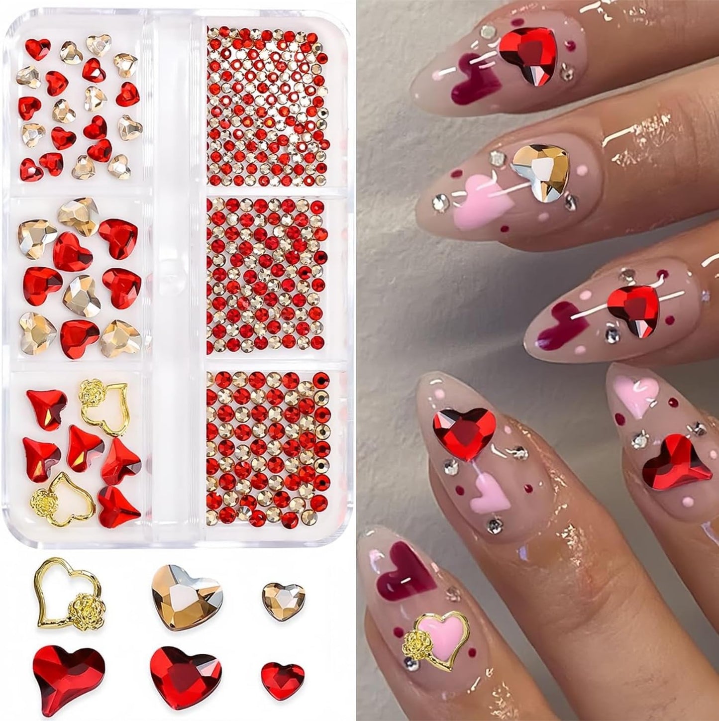 767Pcs Valentine's Day Nail Art Charms Gold Red Heart Rhinestones for Acrylic Nails Gems for Women Girls DIY Manicure Decoration