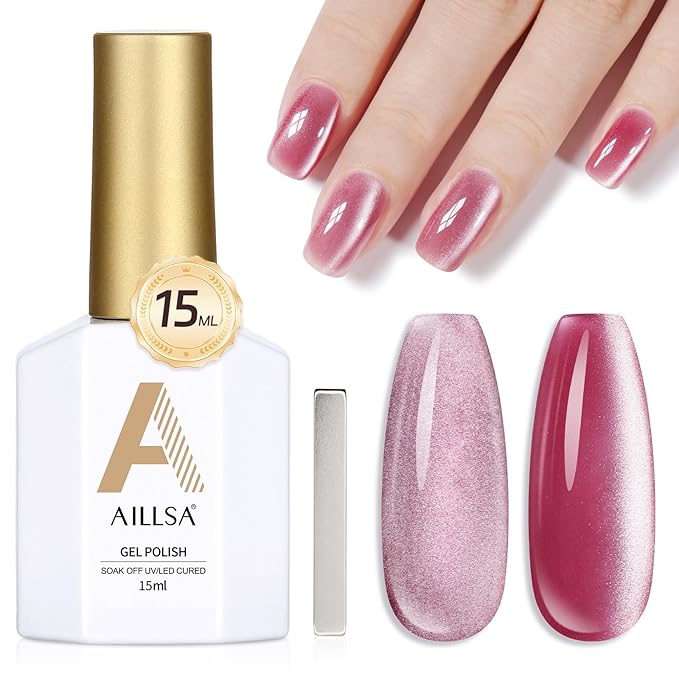 AILLSA Cat Eye Gel Nail Polish Pink Rose Glitter Crystal Polish with Magnet, Nude Burgundy Sparkle Nail Polish Reflective Translucent Jelly Color U V Magnetic Gel Salon DIY at Home 0.5 OZ GF20