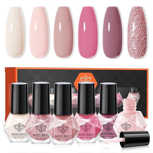 modelones Nail Polish Set 6 Colors, Milky White Pink Mini Nail Lacquer Kit Shimmer Nude Light Creamy Pink Glitter Violet Red Quick Dry Nail Art, DIY Home Travel Salon Manicure Gift for Women Girls