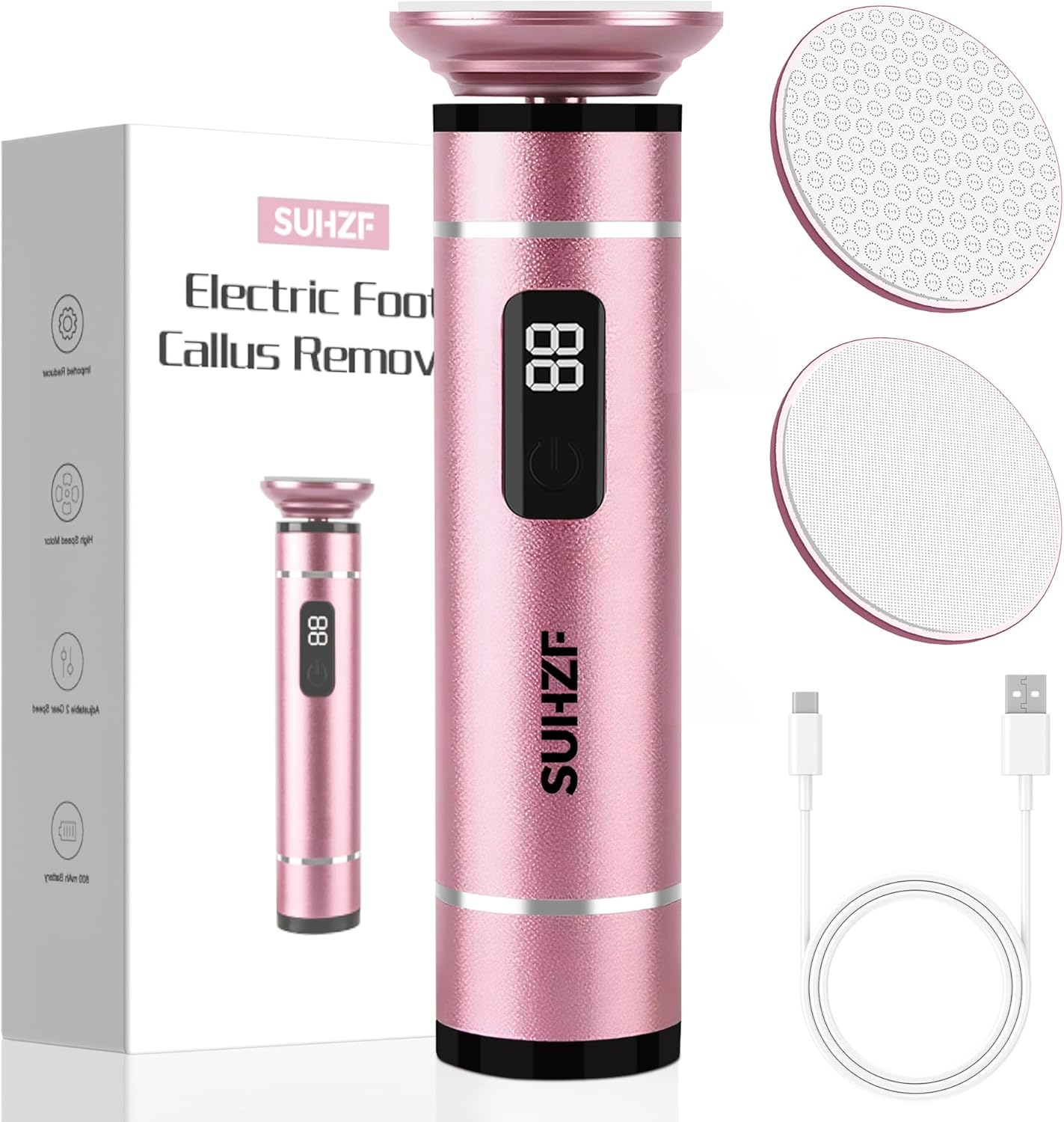 Electric-Foot-File-Callus-Remover Glass Grinding Head Electric Callus Remover for Feet Rechargeable Foot Grinder Dead Skin Pedicure Tools Adjustable Speed Foot Sander with Led Display (Pink)