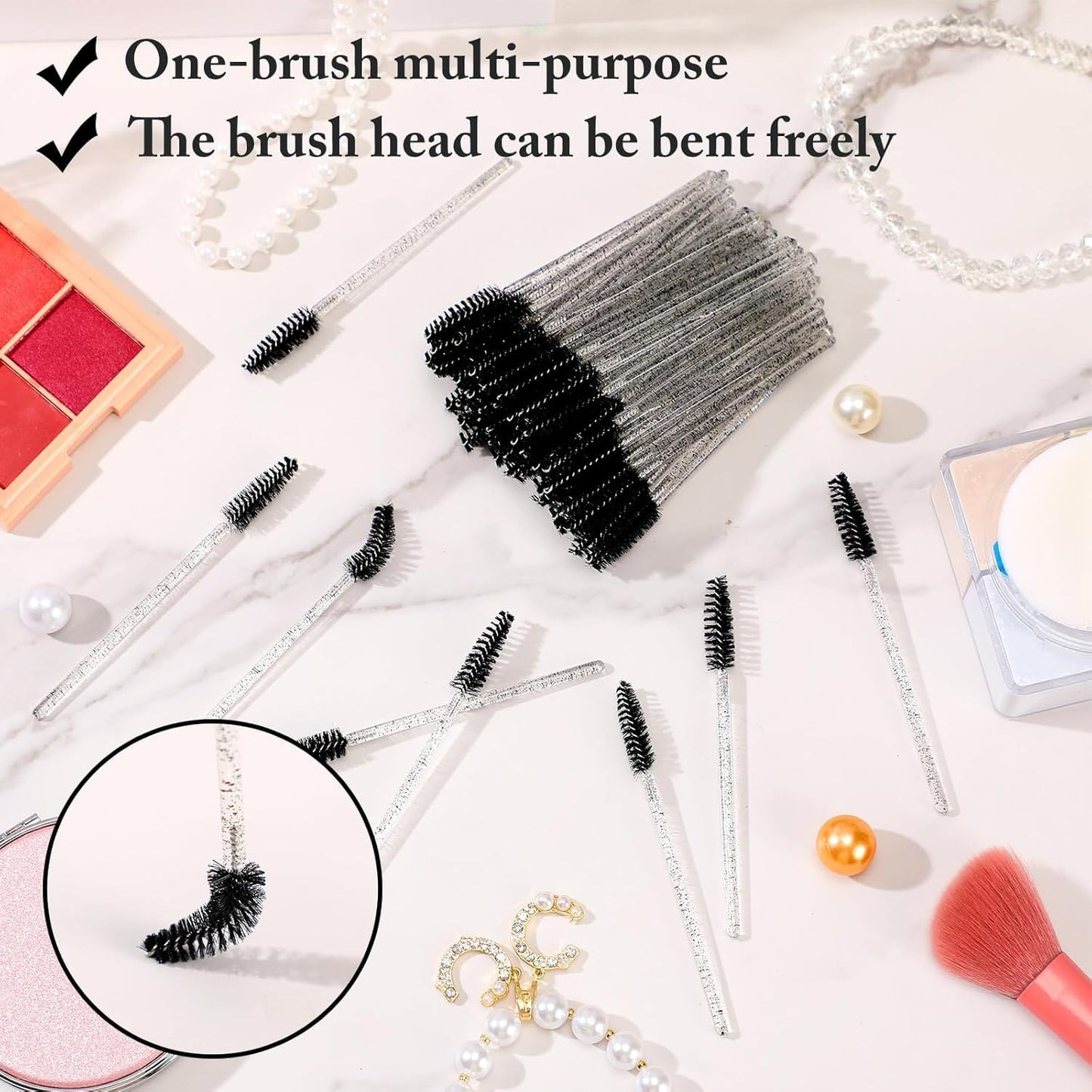 500 Pieces Eyelashes/Eyebrows Brushes, 10CM Lash Removal Cleaning Tools, Crystal Handle, Makeup Tools Mascara Wands(Simple Packaging)-(Crystal Black)
