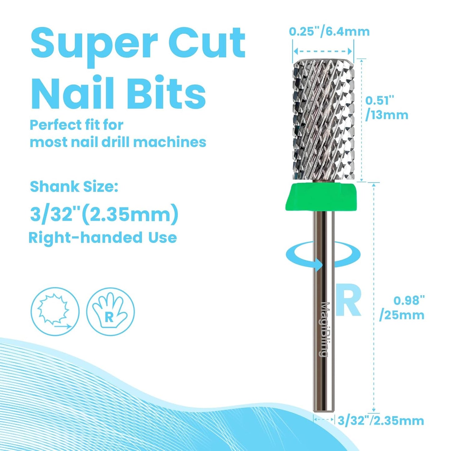 Super Cut Large Barrel Nail Drill Bits for Professional Users, 3/32'' Tungsten Carbide Bits, Upward Deep Cut for Removing Hard Gel Fast, Right Hand Use, Manicure Cuticle Gel Polishing, Coarse.