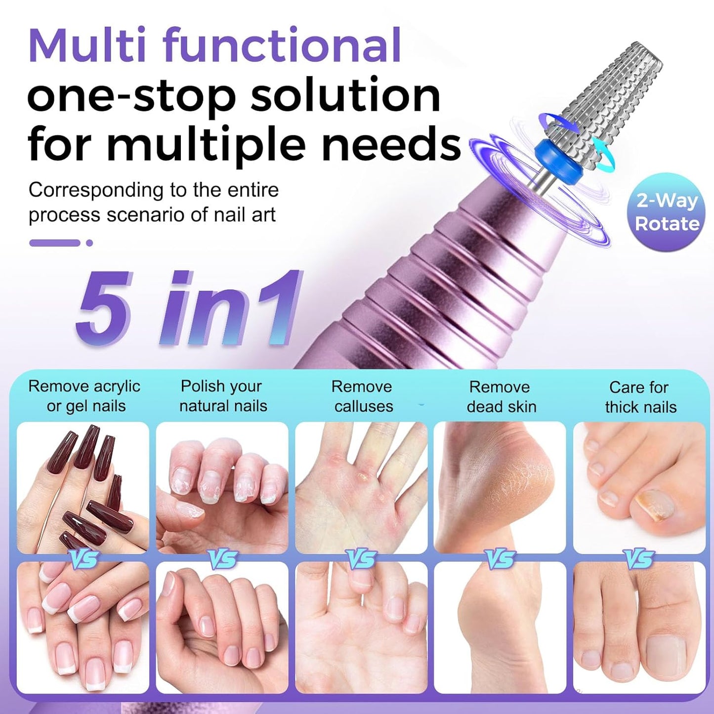 Fantexy 5 in 1 Nail Drill Bits,Professional 3/32" Shank Tungsten Steel Bits for Acrylic Nails,Manicure,Nail Art,Drill Machine,Both Left and Right Handed - Two Way Rotate Use (Medium - M)