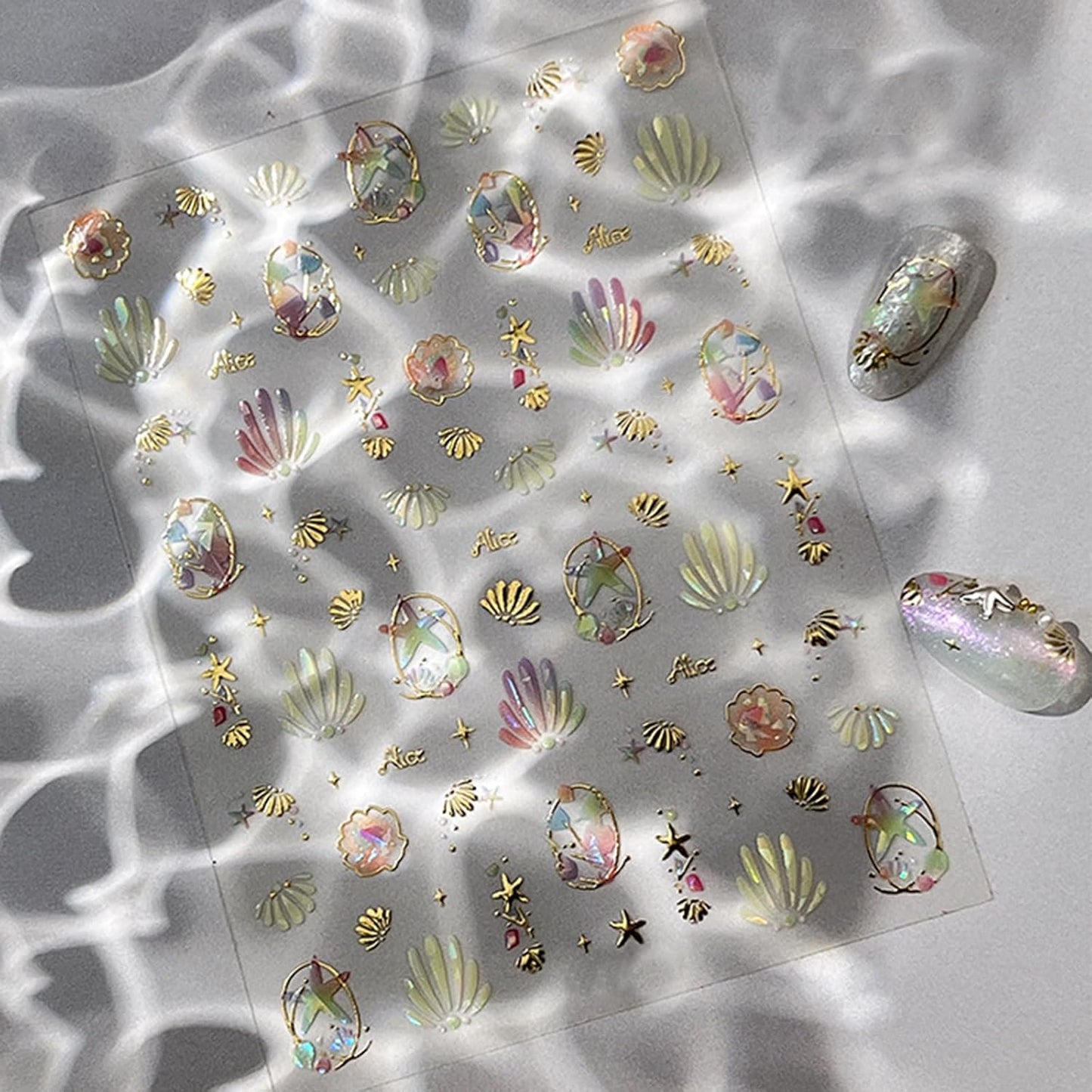 Summer Nail Art Stickers Extra Shiny 5D Self-Adhesive Shell Starfish Nail Decals Gold Star Shell Design Summer Beach Ocean Nail Supplies for Women Manicure Decorations Exquisite Cardboard Set 1 Sheet