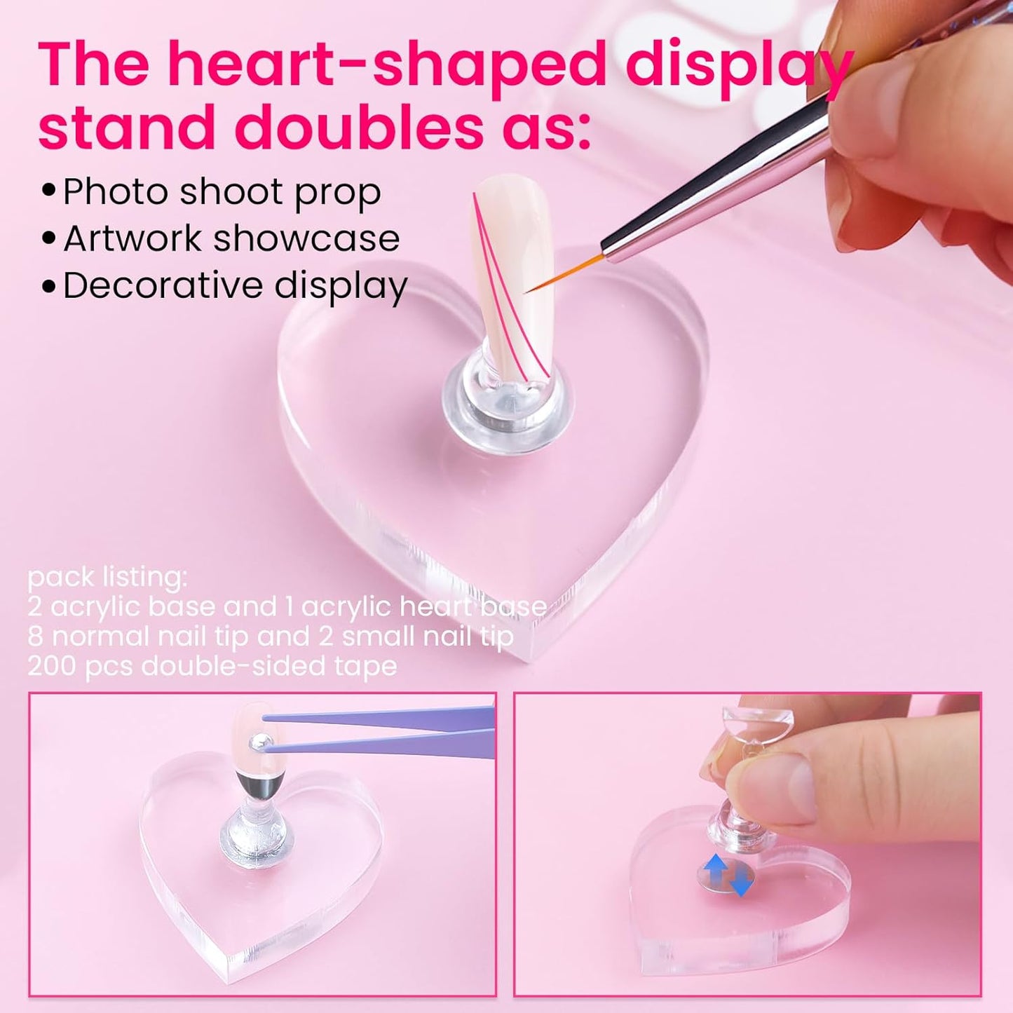 Nail Stand For Press On Acrylic Strong Magnetic Nail Holder Kit For Painting Nails Tip Arts Display Stand With 200 PCS Double-Sided Tape And 1 Heart Shaped Acrylic Magnetic Presson Stand