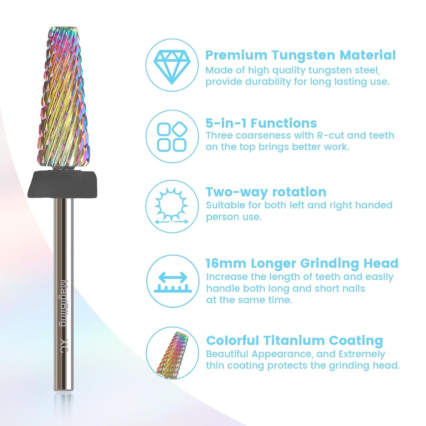 XC 5 in 1 Nail Drill Bits, 16mm Tapered 3/32'' Professional Tungsten Carbide Bits for Efile, 2 Rotation for Electric Drill, Remove Thick Gel Acrylic Fast, Technicians Bits, Extra Coarse.