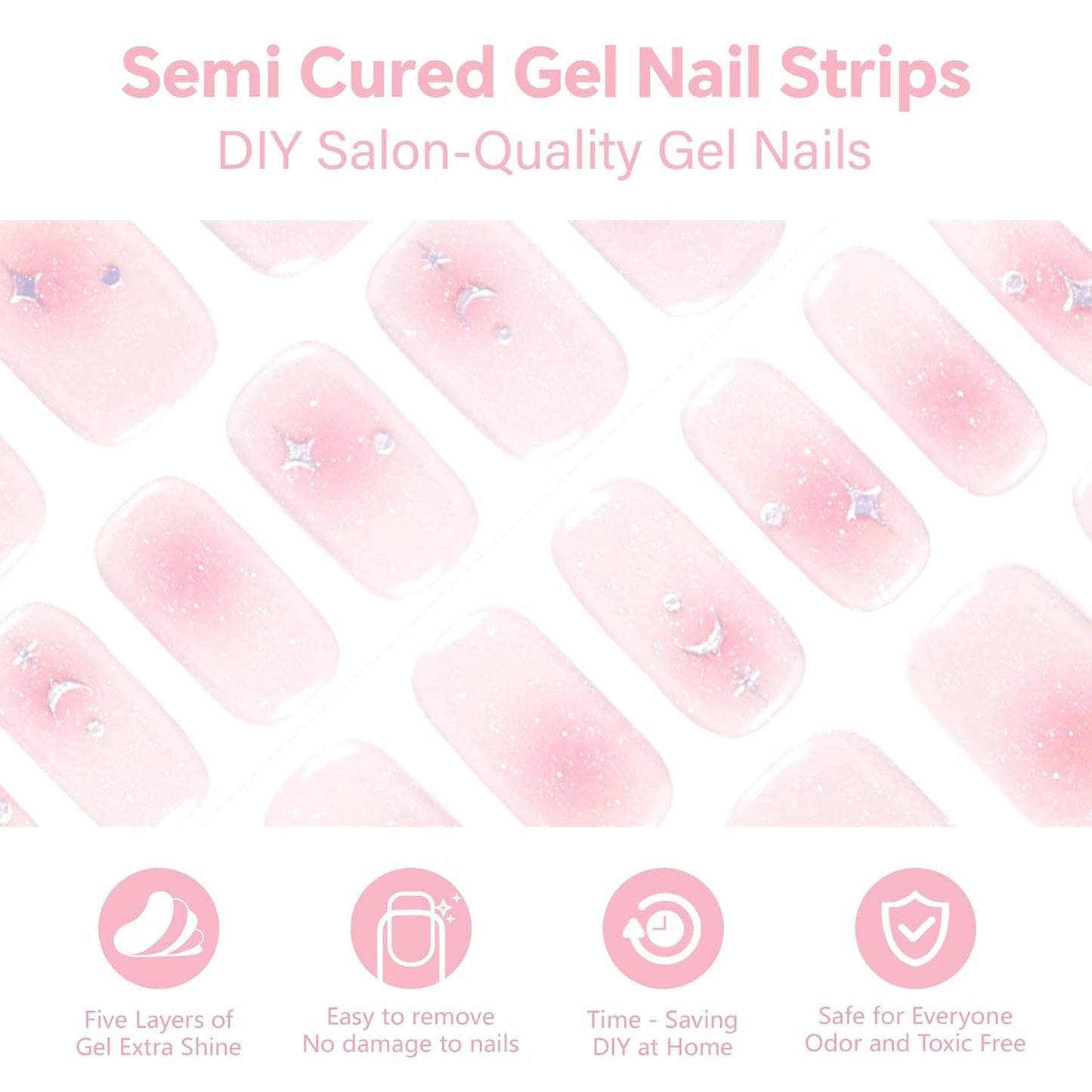 Semi Cured Gel Nail Strips-Semi Cured Gel Nails Celestial Design Nude Pink Shimmer with Gold Stars & Moons, Long Almond Press on Nails, Whimsical Manicure(Shooting Star)