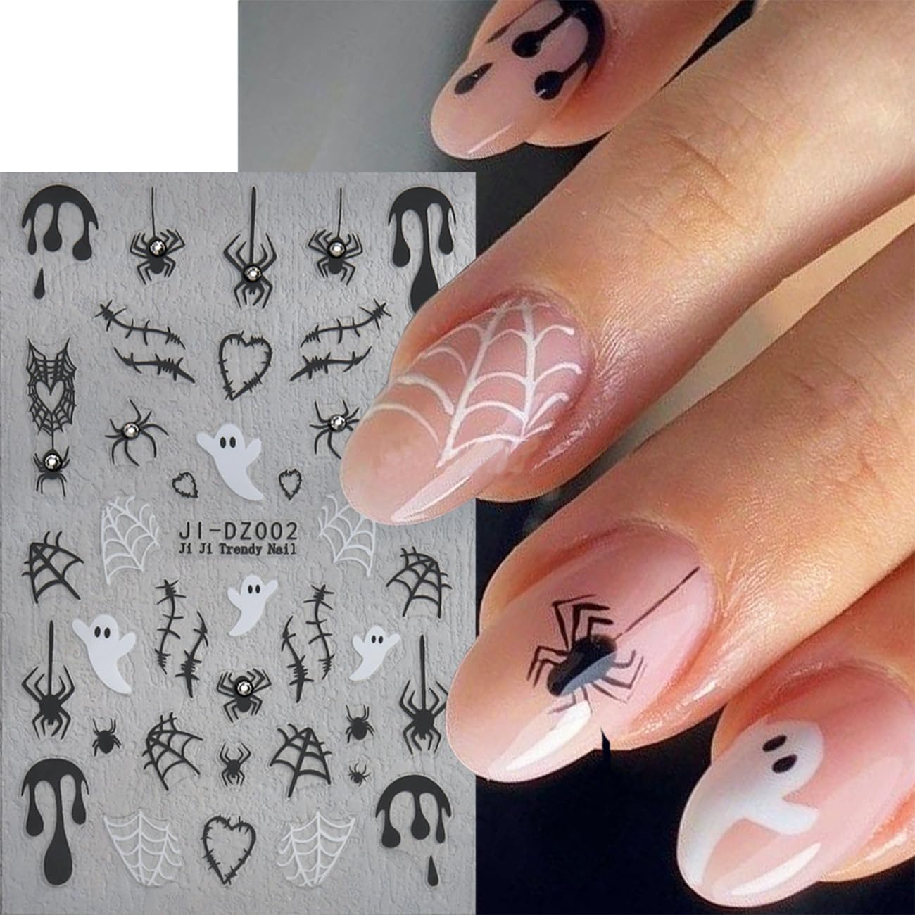 Halloween Nail Stickers for Nail Art Kit - 6Sheets Cute Ghost Nail Decals 3D Self-Adhesive Horror Skull Spider Web Bat Pumpkin Star Moon Designs DIY Nail Art Tips Nail Supplies for Halloween Party