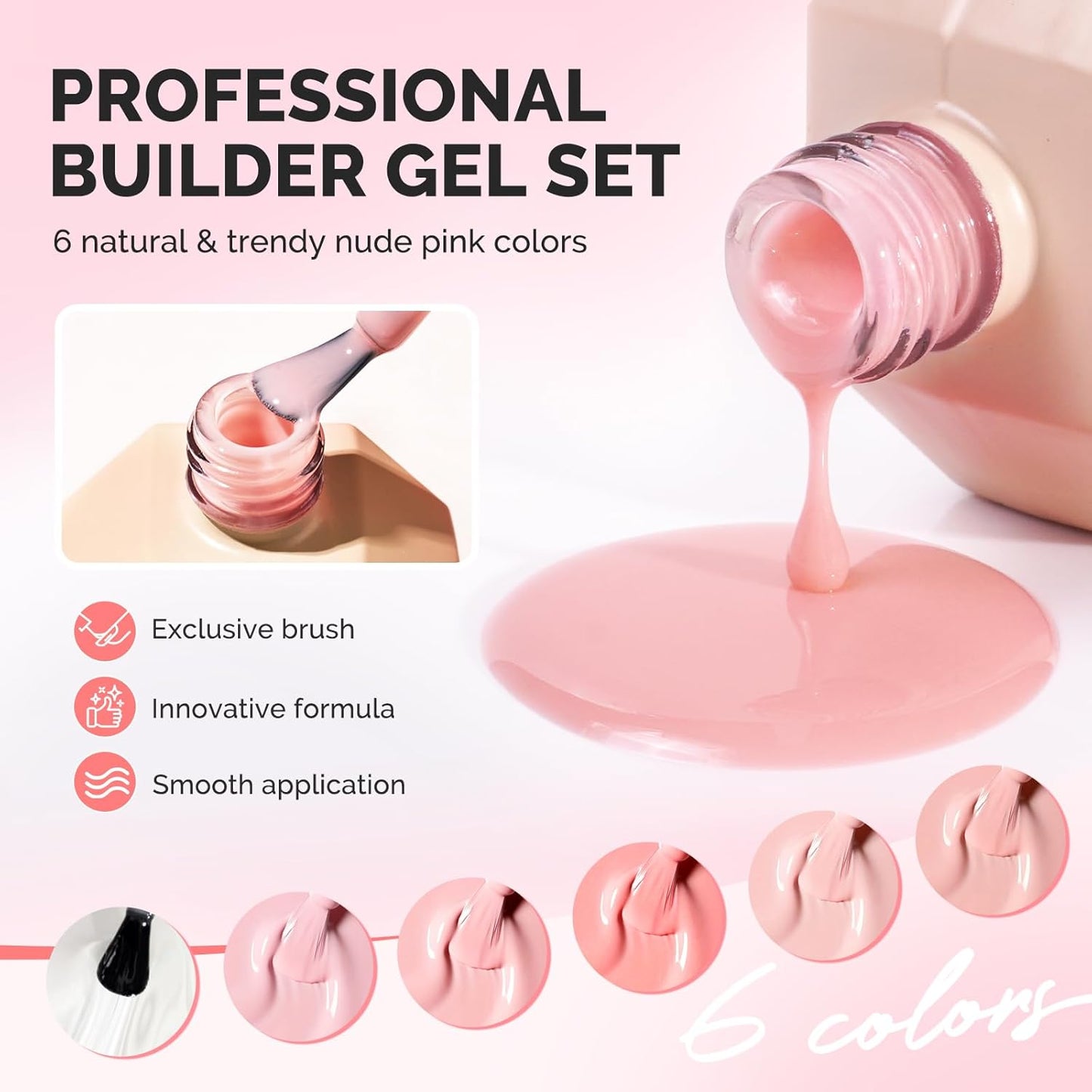 MelodySusie Builder Gel Nail Set for Nails Thickening,6 Colors 15ML Nude Pink Base Colors Clear Rubber Base Gel Polish,Soak Off UV Extension,Rhinestone Nail Glue in a Bottle Gift for Women