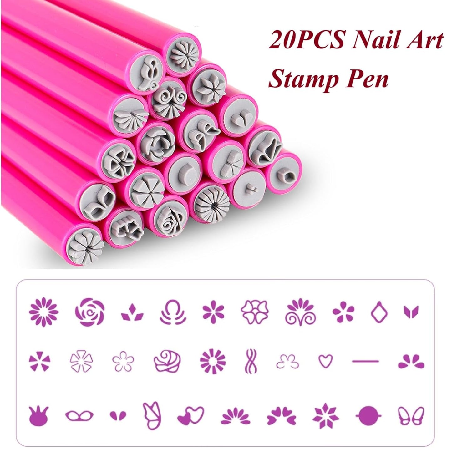 20PCS Nail Art Stamp Stamps Pen, Flower Stamper Pen for Women Girls, DIY Kit for Nail Art with Various Patterns