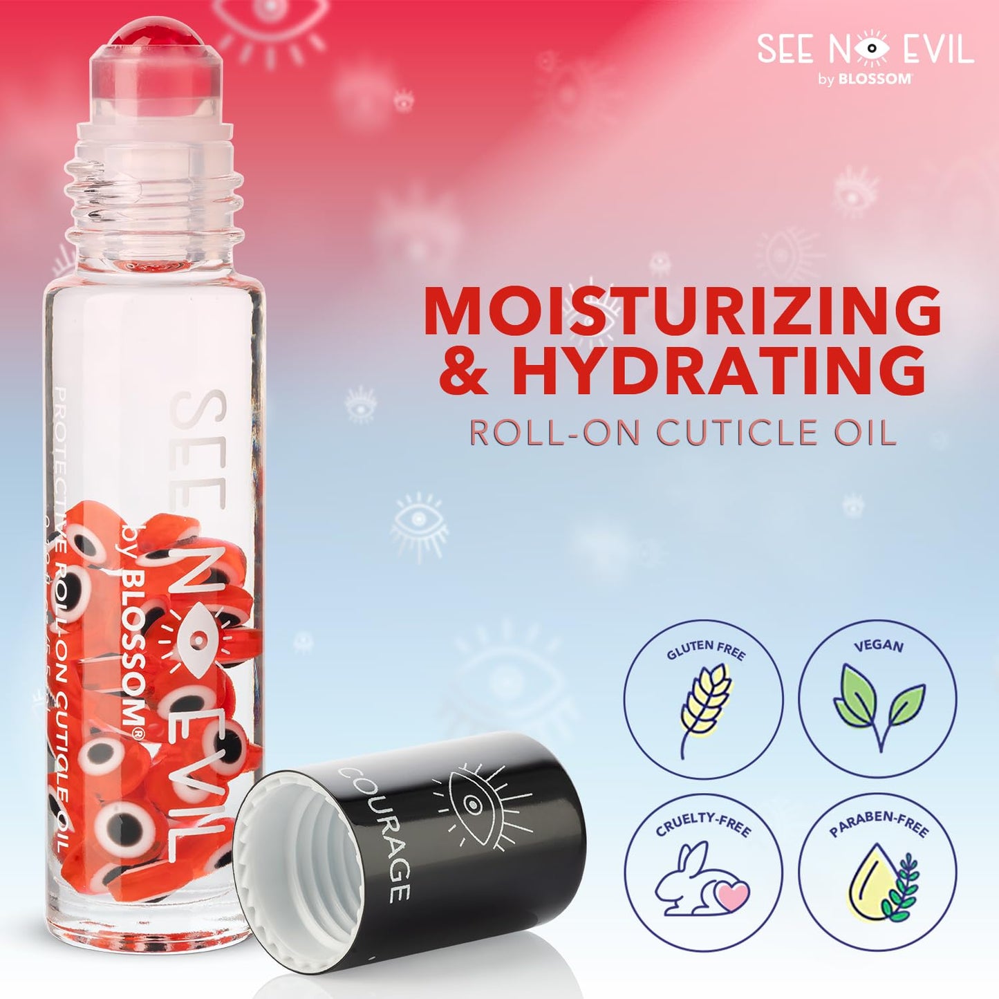 Blossom Cuticle Oil, See No Evil Scented Roll on Cuticle Oil for Nails, Rollerball Application for Nail Support, Cruelty Free, 0.19oz, Courage Rose