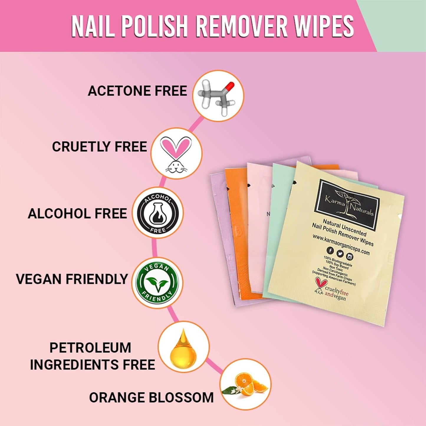 Karma Organic Natural Nail Polish Remover Pads/Wipes with Soybean Oil, Bundles Non-Toxic Vegan and Cruelty Free – bundle of 5/50 Wipes