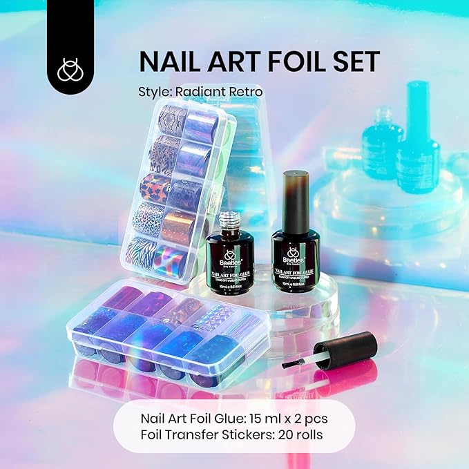 Beetles Nail Foil Art Kit, 20 Pcs Nail Foils Transfer with 30ml Nail Foil Glue Gel for Nails - Metal Holographic Leopard Stickers Gels Nail Polish Set LED Lamp Required Soak Off Manicure Nails Art DIY