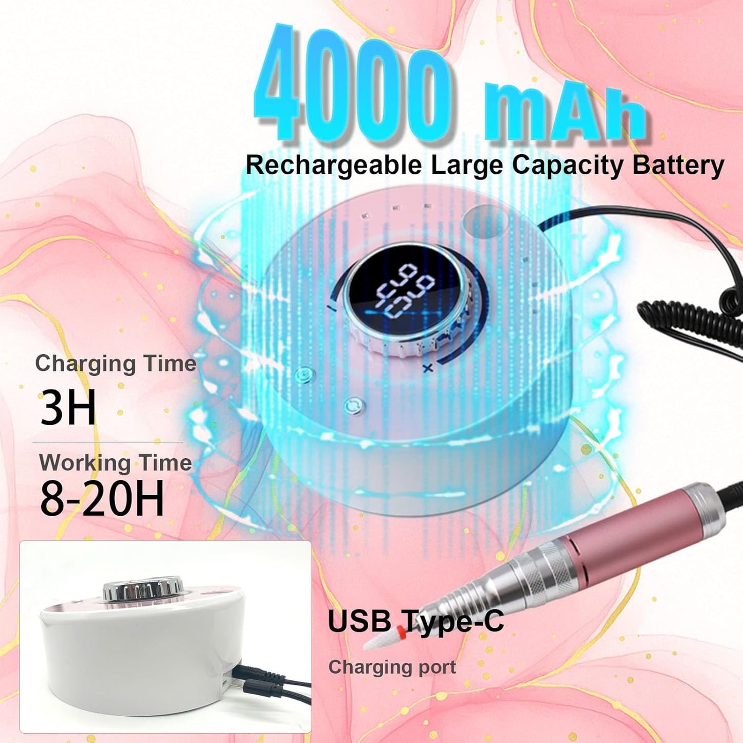 Electric Nail Drill File: Professional 40000RPM Nail E-File Drill, Rechargeable Cordless Nail Drill with Bits & Base for Acrylic Nails Remove Nail Gel Polish Manicure for Home Salon Use (Blue)