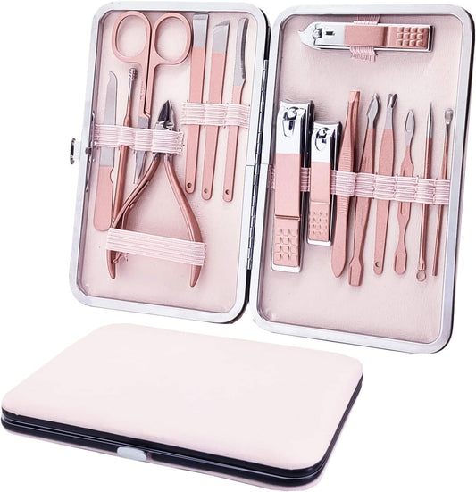 Manicure Set, Professional Nail Clippers Kit, Pedicure Care Tools, Professional Women Grooming Kit -Premium Stainless Steel with Pink Travel Case Set 16PC Great Gift(Rose Gold)