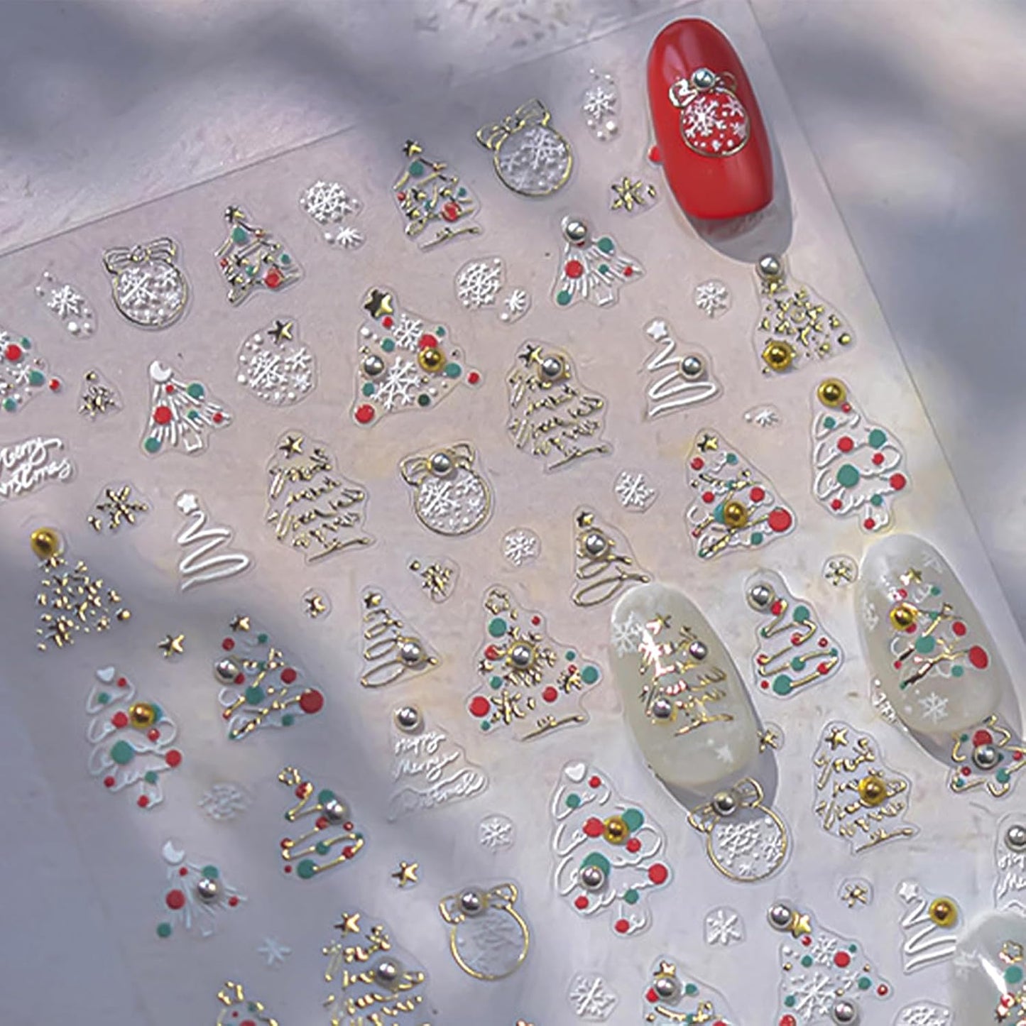 1 Sheet Christmas Tree Nail Art Sticker 5D Embossed Colorful Christmas Tree with Gold and Silver Pearl Nail Sticker Decal Acrylic Nail Supplies for Women Girls DIY Nail Art Decoration