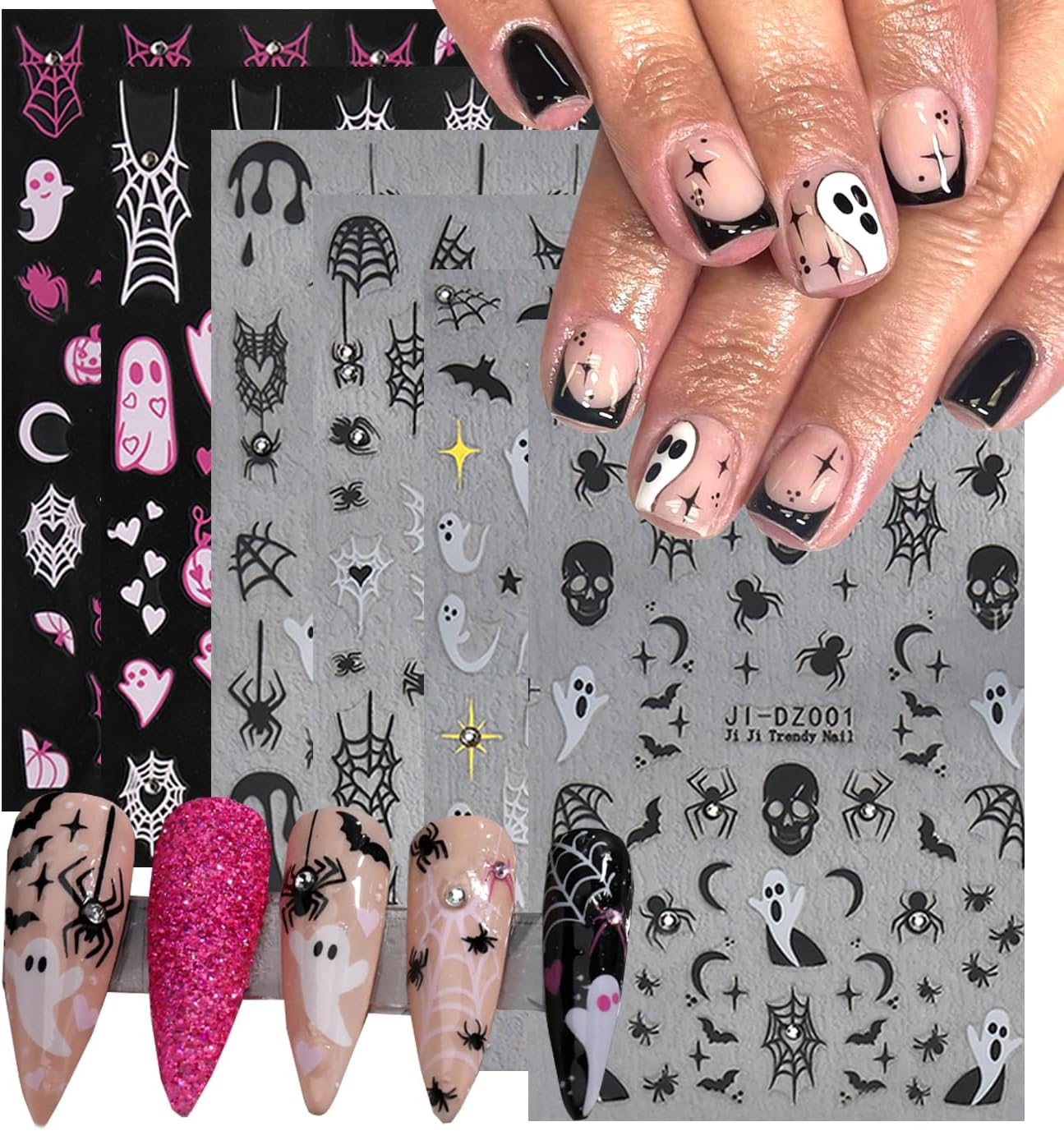Halloween Nail Sticker 6Sheets Dark Halloween Crystal Star Spider Web Ghost Skull Nail Stickers for Nail Art,Halloween Pumpkin Nail Decals 3D Design Self-Adhesive Nail Supplies DIY Manicure Decoration