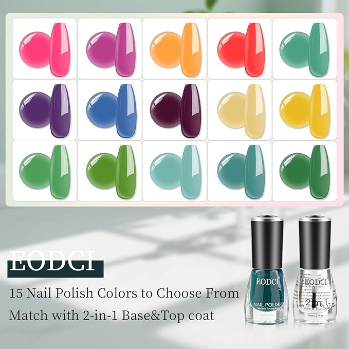16 PCS Nail Polish Set, 15 Bright Colors Quick Dry Nail Polish Kit With 2in1 Base/Top Coat Spring Summer Colors Finger Nail Polish Pack Glossy Toenail Polish DIY Gifts for Women