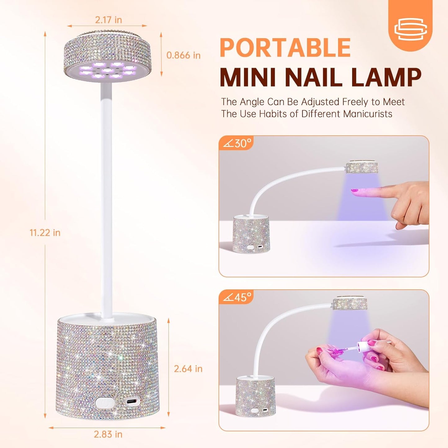 UV LED Nail Lamp, Mini UV Light for Gel Nails Polish, Rechargeable LED Flash Cure Nail Dryer, Quick Drying Goosenecks UV Nail Lamp for Home Nail Salon DIY Manicure, AB Diamond