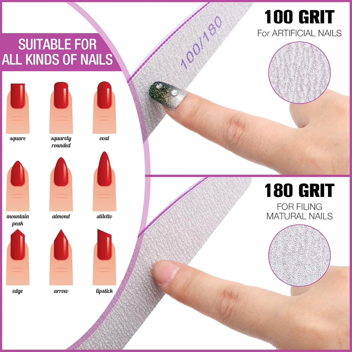 150 Pcs 100/180 Grits Nail Files Bulk Doubled Sided Emery Boards Reusable Curved Coarse Nail Buffers Manicure Tools for Acrylic Natural Toenails Home and Salon Use