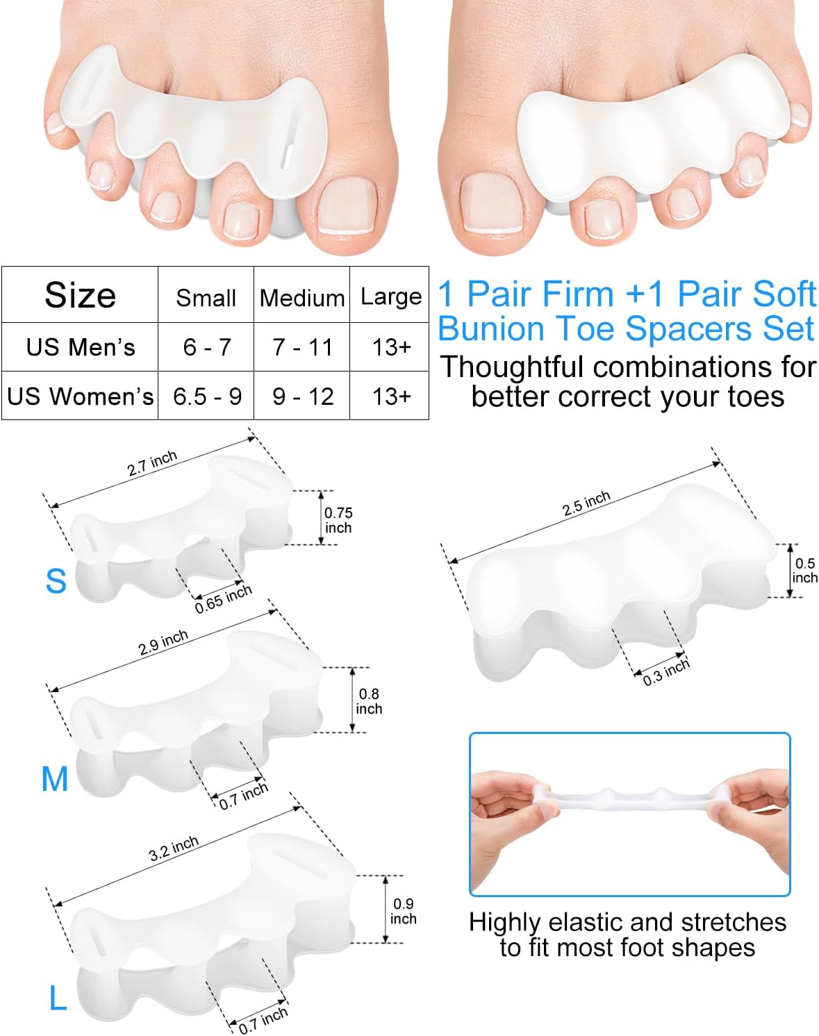 2 Pair Bunion Toe Separators Toe Spacers for Feet Women Men to Correct Their Toes, Foot Alignment, Silicone Toe Spreaders Toe Straightener for Hammertoe, Curled Toes (M, 2 Firm+2 Soft)
