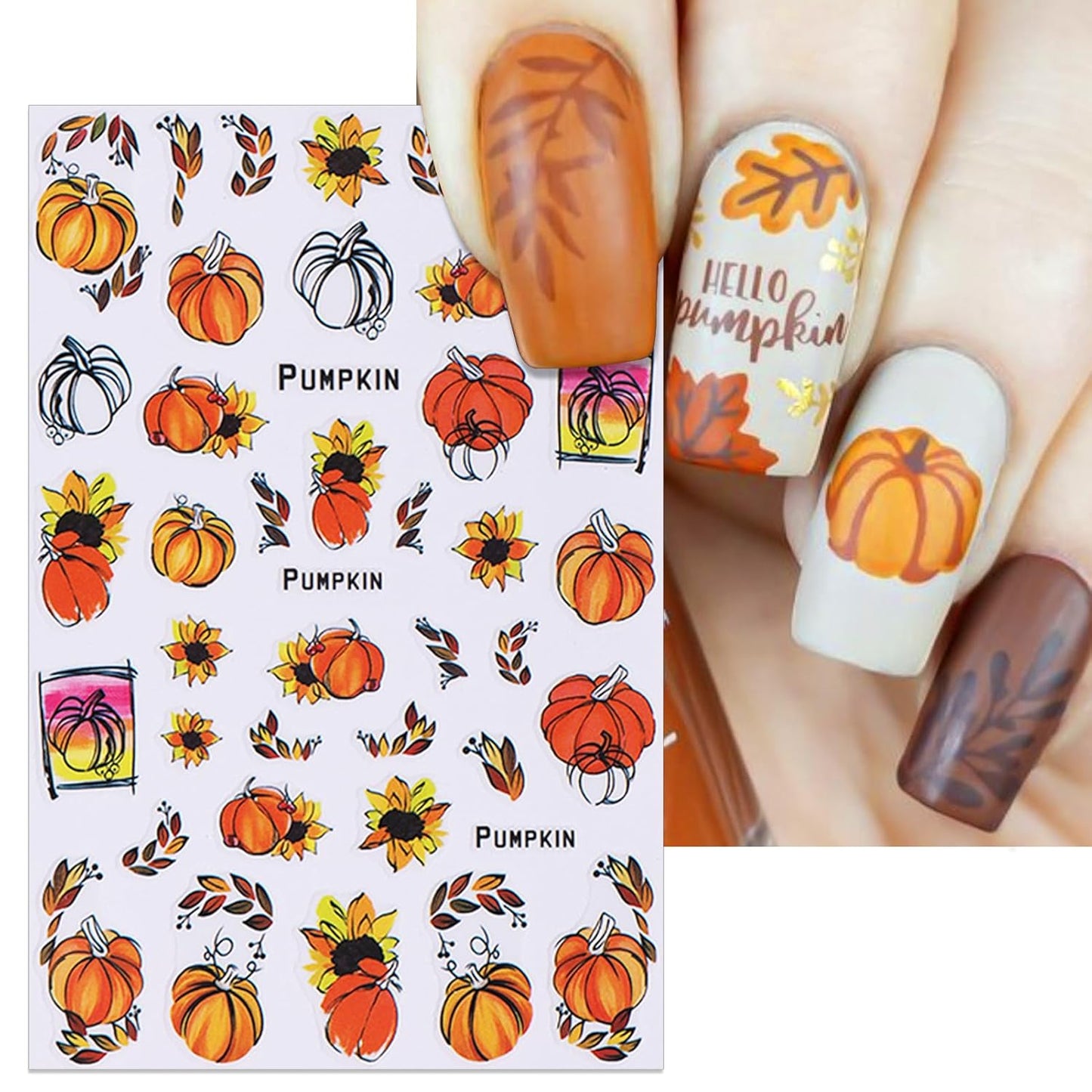 8 Sheets Fall Nail Stickers - Autumn Pumpkin Leaf Floral Self-Adhesive 3D Nail Decals for Women Girls DIY Thanksgiving Day Manicure