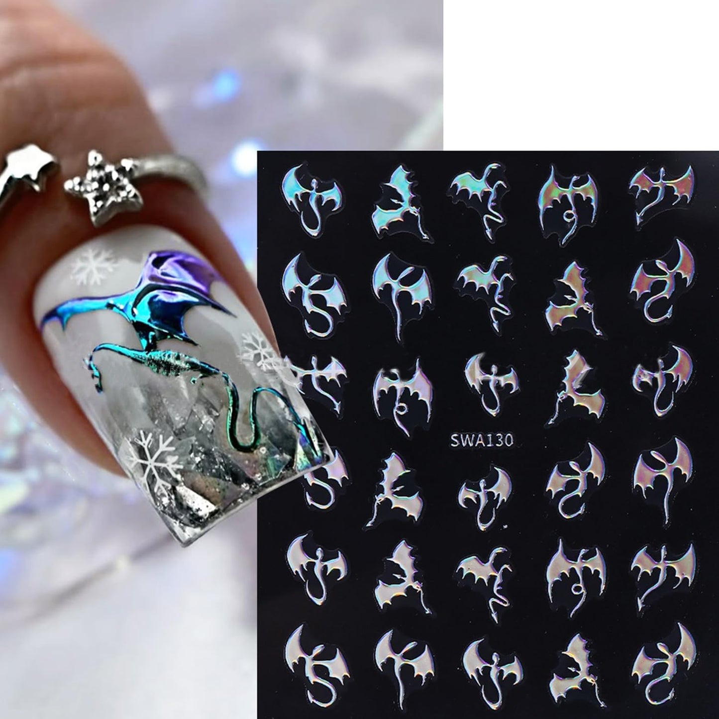 6 Sheets Halloween Nail Art Stickers 3D Self -Adhesive Bat Nail Decals Holographic Hot Stamping Gold Silver Laser Bat Nail Stickers Halloween Nail Decoration for Women Manicure Supplies
