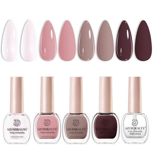 AZUREBEAUTY Nail Polish Set 4 Colors Pink Nude Glitter Nail Polish Quick Dry Natural Nail Lacquer Fingernail Kit with Top Coat DIY Salon Home