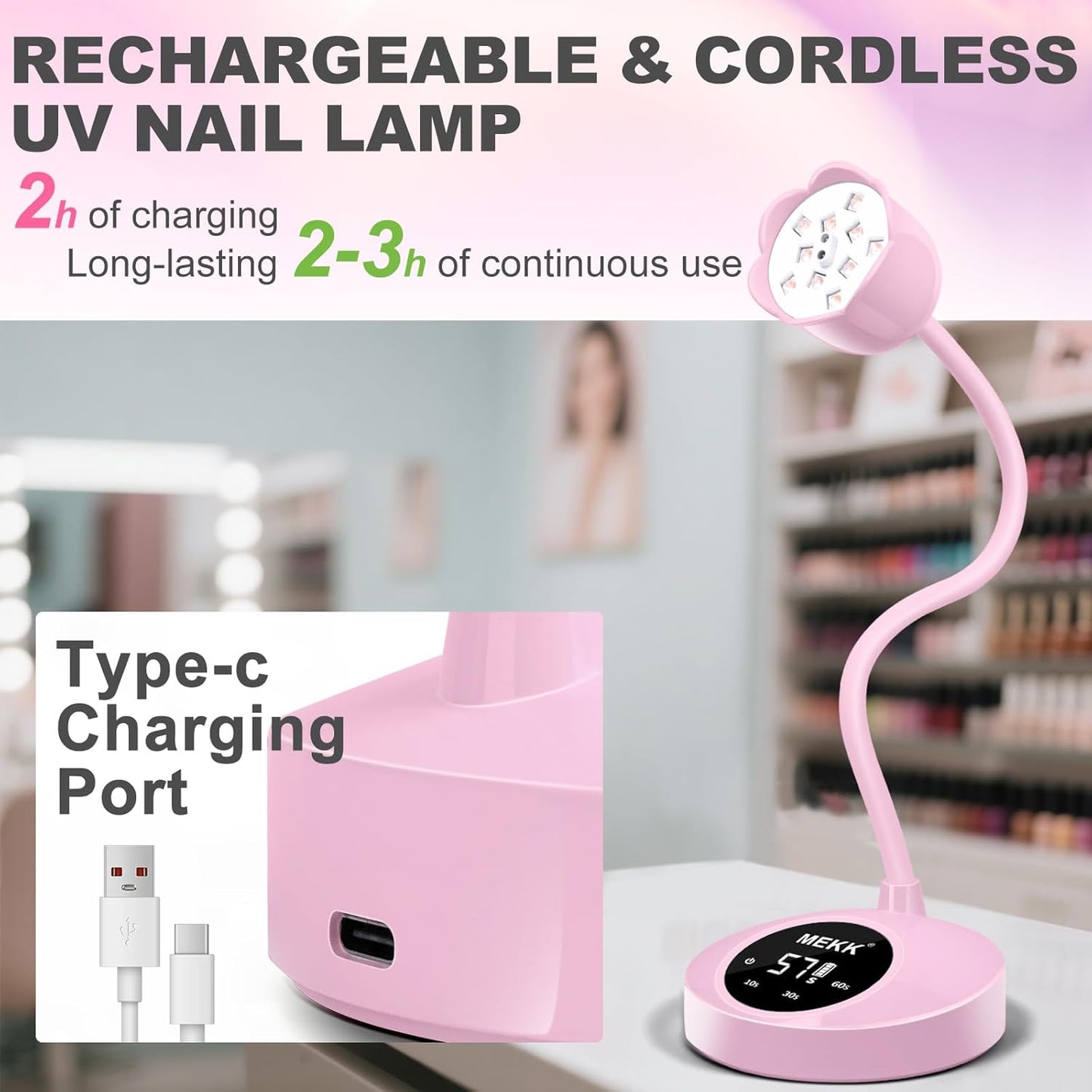 MEKK Gooseneck UV Nail Lamp Cordless Mini UV Light for Gel Nails with Auto Sensor,Professional Flash Cure Lamp 30W Single Nails Light with Three Timers (10s/30s/60s) Salon & Home DIY Use-Pink