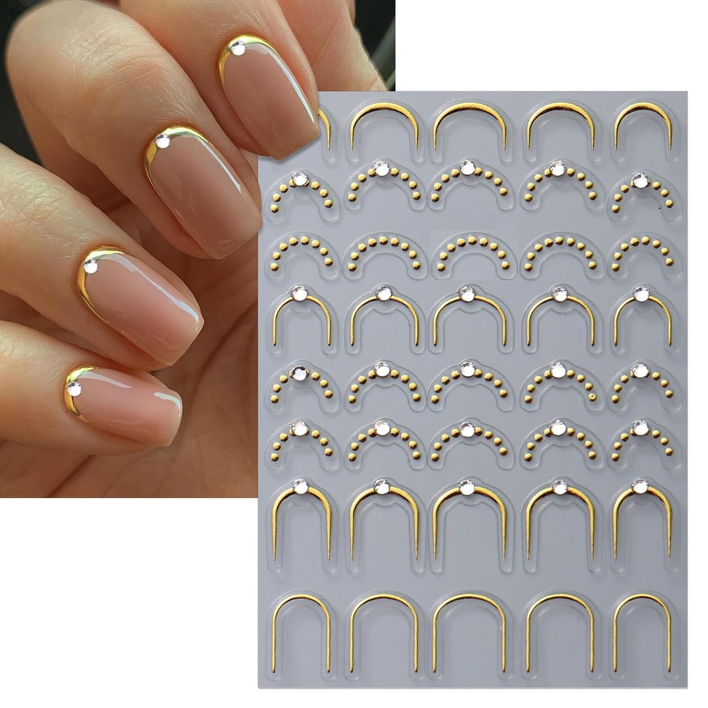 Rhinestone Studded French Line Nail Art Stickers - Shiny Gold Self-Adhesive Multiple Thicknesses and Radians Stripes, Curved Stripes Nail Decals, French Tips Guides for DIY Manicure (5 Sheets)