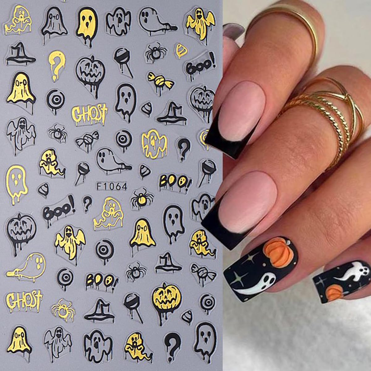 8PCS Halloween Nail Stickers for Nail Art - 3D Metallic Spider Web, Ghost, Pumpkin, Skull, Stars, Cat Designs - Black Gold DIY French Manicure Decor