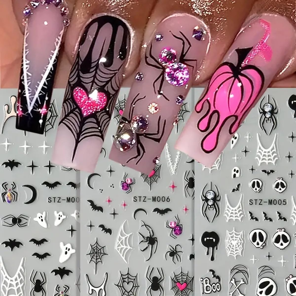 Halloween Nail Art Stickers Decals Halloween Spider Web Spider Nail Decals 3PCS Ghost Bat Skull Star Design 5D Engraved Nail Stickers Nail Art Supplies for Women Holoday DIY Manicure Nail Decorations