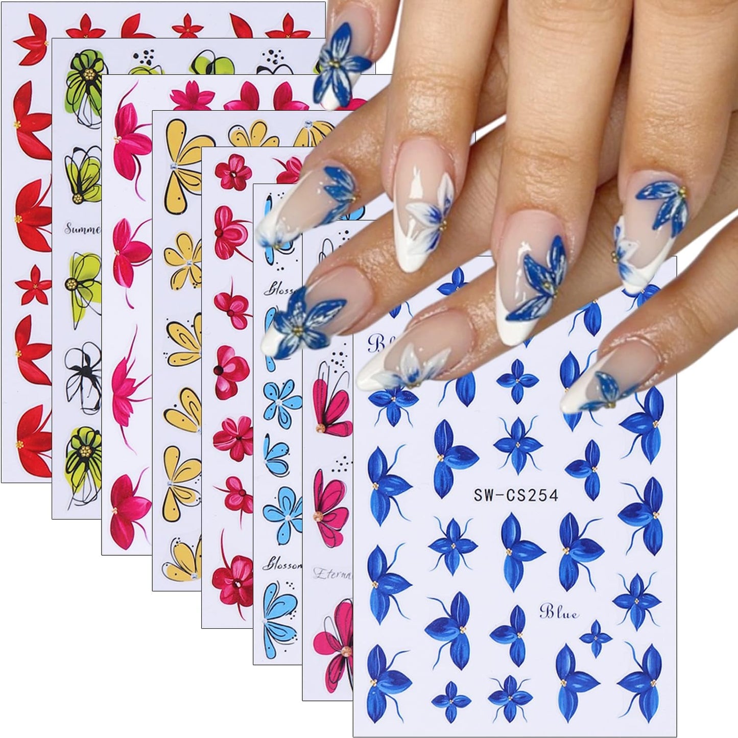 8Pcs Spring Summer Flower Nail Art Stickers 3D Self Adhesive Cherry Blossom Nails Decals Colorful Hibiscus Daisy Flower Nail Stickers Cute Peach Blossom Petals Nails Art Supplies for Women Manicure