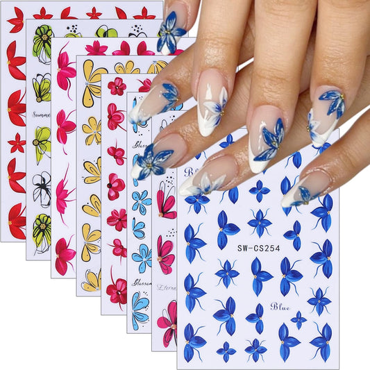 8Pcs Spring Summer Flower Nail Art Stickers 3D Self Adhesive Cherry Blossom Nails Decals Colorful Hibiscus Daisy Flower Nail Stickers Cute Peach Blossom Petals Nails Art Supplies for Women Manicure