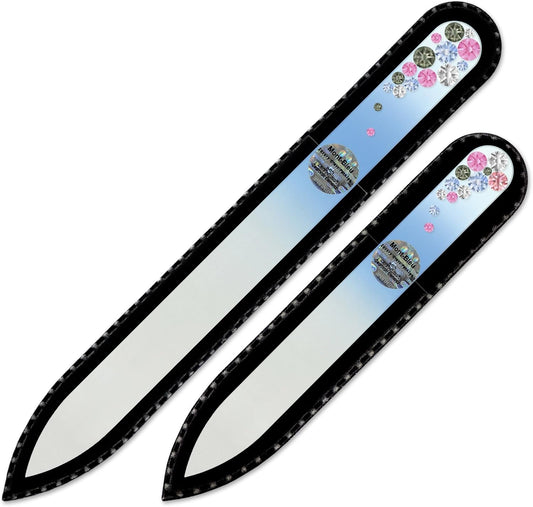 Washable Double Sided Nail File - Mont Bleu Set of 2 Glass Nail Files Hand Decorated with Crystals - Handmade Gifts for her - Best Nail Care - Etched Glass Nail File for Nail Art