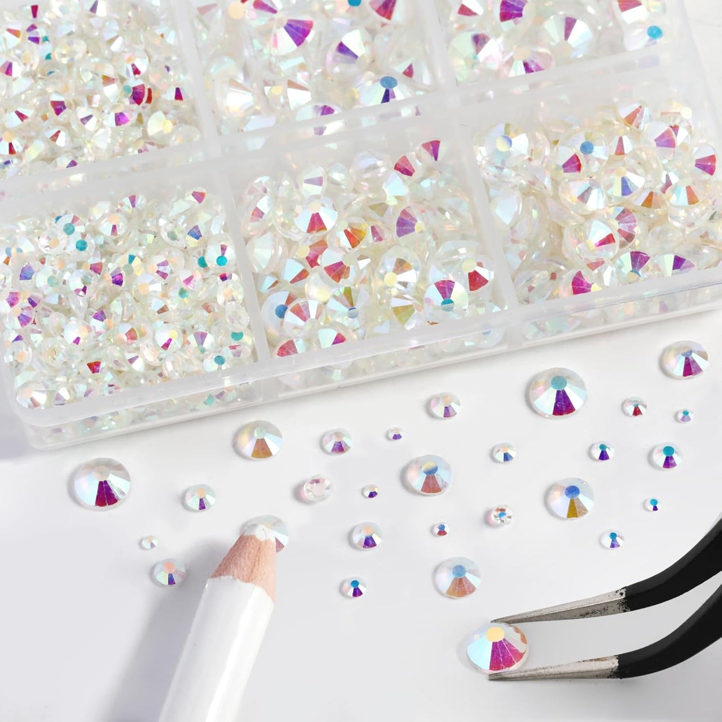 Beadsland 8300PCS Flatback Rhinestones, Glass Rhinestone Nail Gems Round Crystal Rhinestones for Crafts, Mixed 10 Sizes with Wax Pencil and Tweezer Kit, SS3-SS30, Transparent AB
