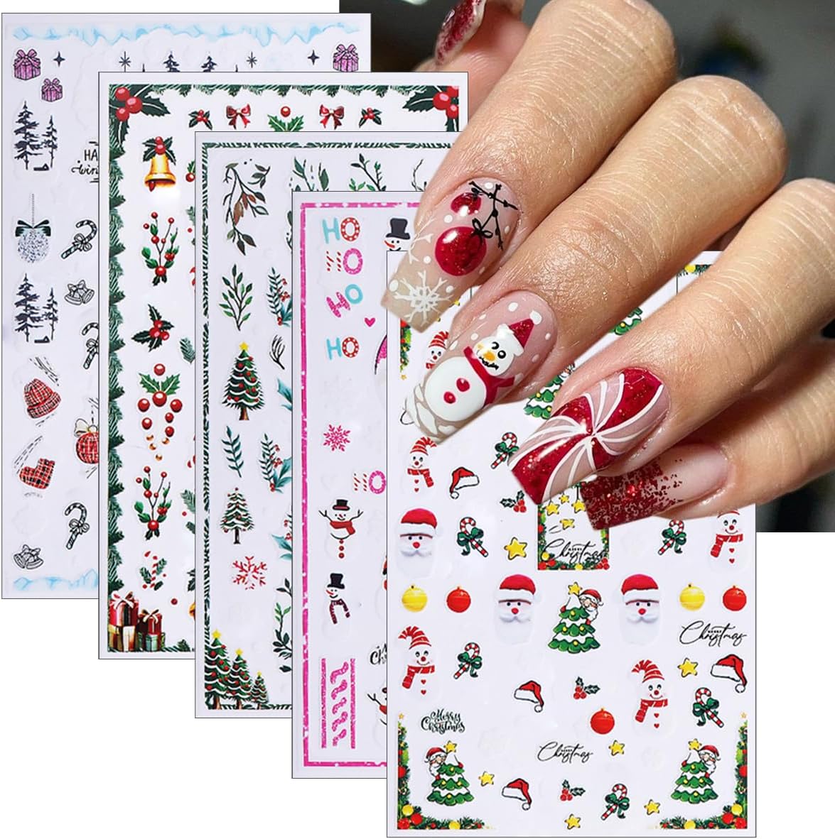 5 Sheets Christmas Nail Stickers 3D Self-Adhesive Dwarf Santa Claus Snowflake Xmas Trees Nail Decals Cute Elk Penguin Nails Design Stickers Winter Nails Supplies for Women Holiday DIY Manicure Decor