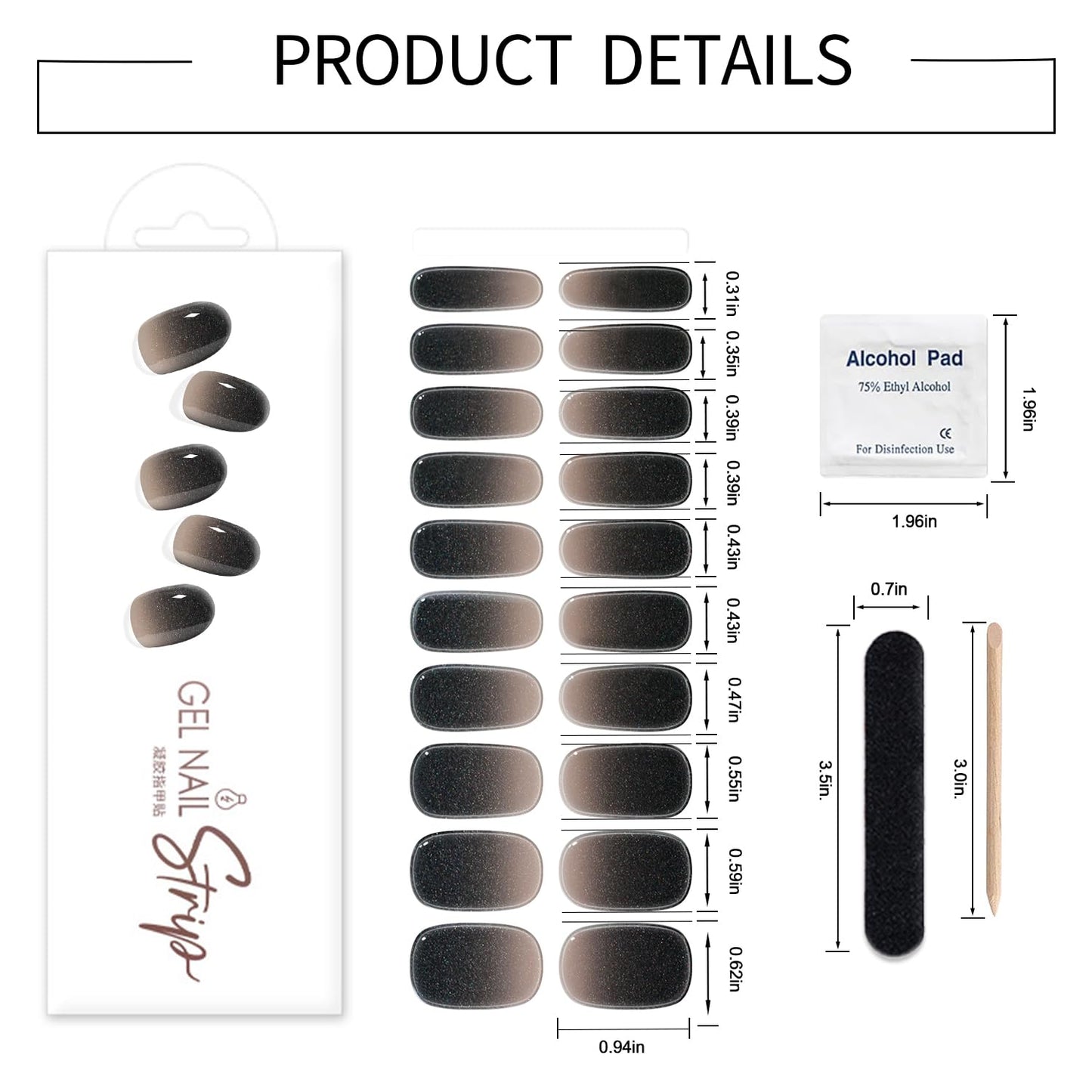 WOKOTO 1 Sheet Semi Cured Gel Nail Strips With Wood Stick, Nail File & Prepared Pads, 20 Tips Black Gradient Glitter Semi Cured Nail Polish Strips, Harden With UV Light Gel Nail Stickers Wraps