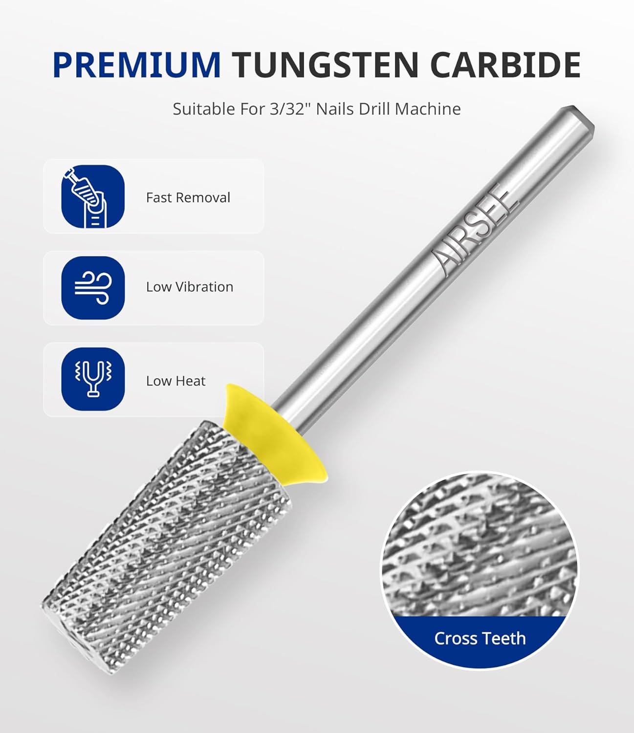 AIRSEE Tungsten Carbide Acrylic Nail Drill Bit Efile Electric File Machine Head Tip for Manicure Polishing Art Remove Gel 3/32" 2 Way Professional Tech Flat Top Tapered Barrel Extra Fine-XF