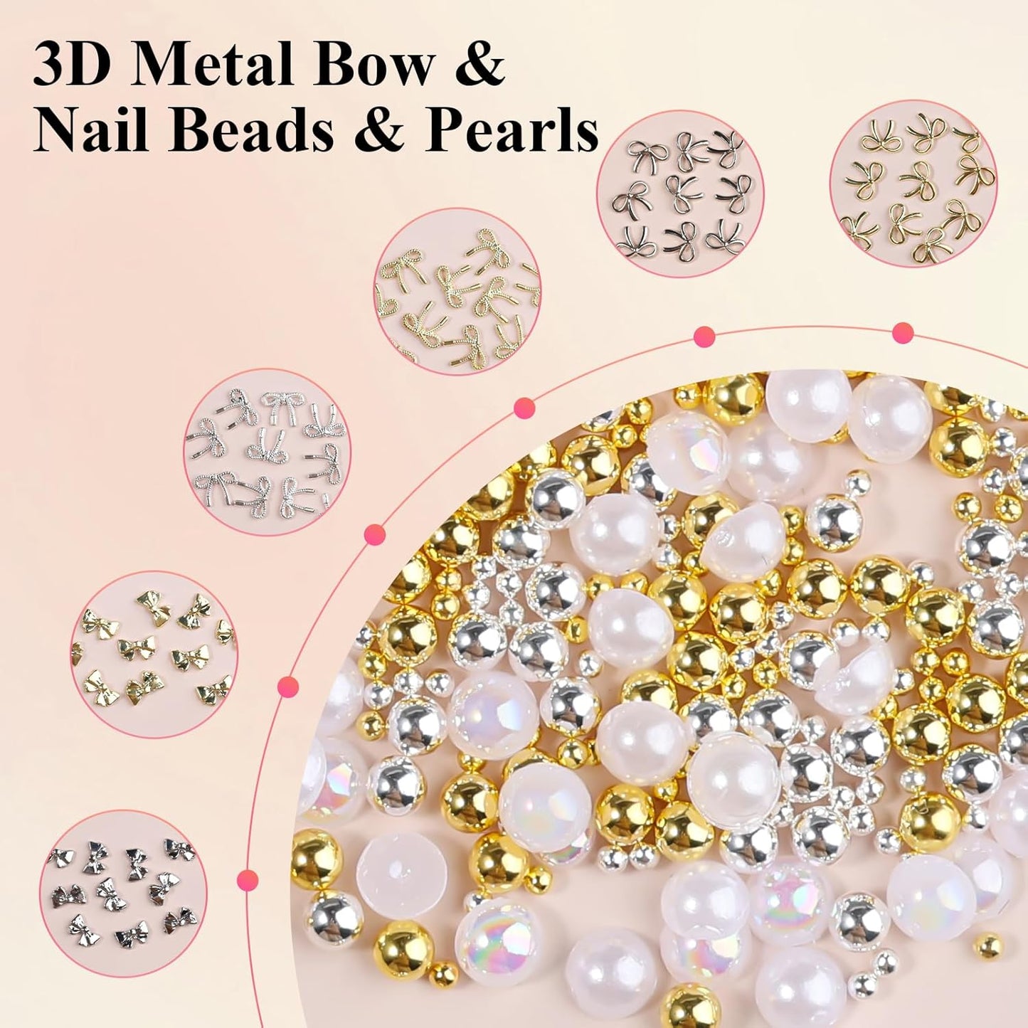 3D Metal Bowknot & AB Pearl and Mini Beads Nail Art Kit - Gold/Silver Alloy Bowknot, 1-2mm Stainless Steel Caviar Beads, 3mm Half Pearls for Professional Salon & DIY Manicure Jewelry Designs (Set 5)