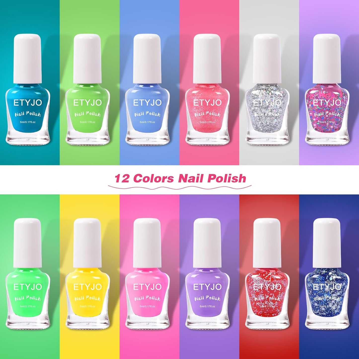 Kids Nail Polish - 12 Colors Rainbow Nail Polishs, Non-Toxic Water-Based Peel Off Nail Polish Set, Gift Kit Set for Kids Girls, Ages 3+