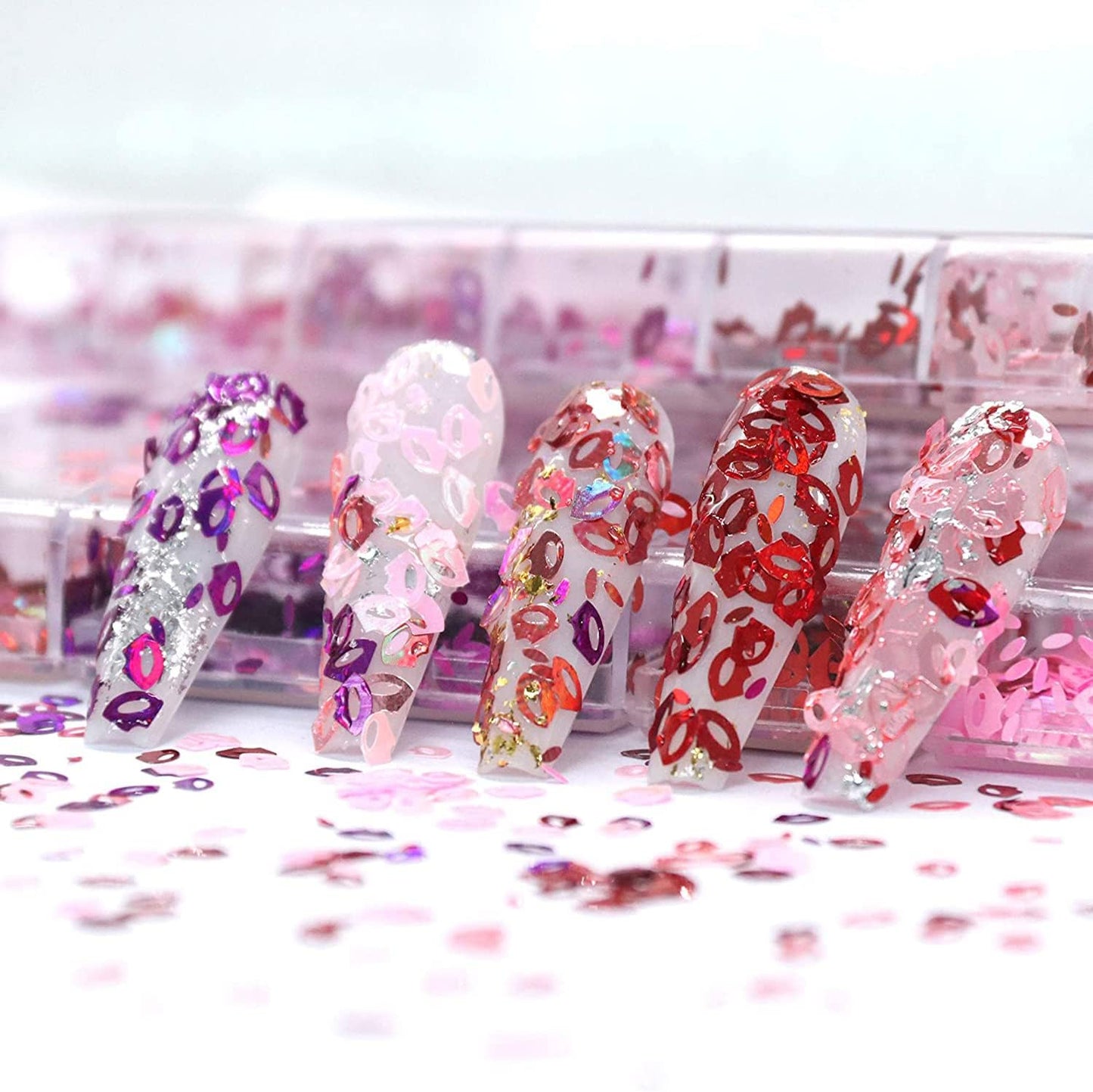 Laser Lips Glitter Nail Art Sequins, Holographic 3D 12 Colors Sparkly Flakes Design, Mouth Shape Nail Glitters Supplies for Women Girls Manicure Powder Charms Decorations, DIY Resin Nail Art Tips