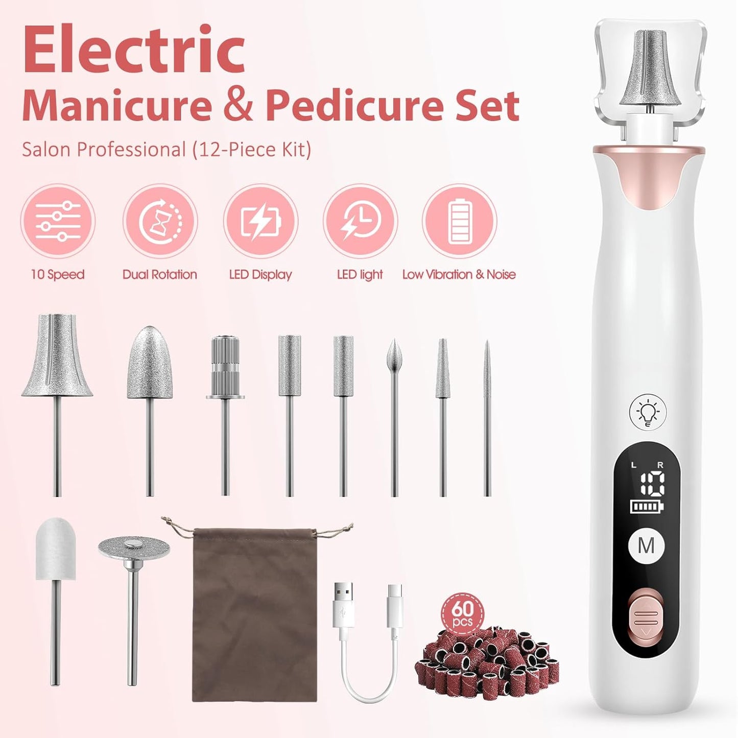 Electric Nail Drill Kit, Haootadiy Professional Manicure Pedicure Set Rechargeable with Nail Drill Bits Sanding Bands, Cordless Electric Nail File Buffer for Acrylic Gel Dip Powder Nails Grind Trim