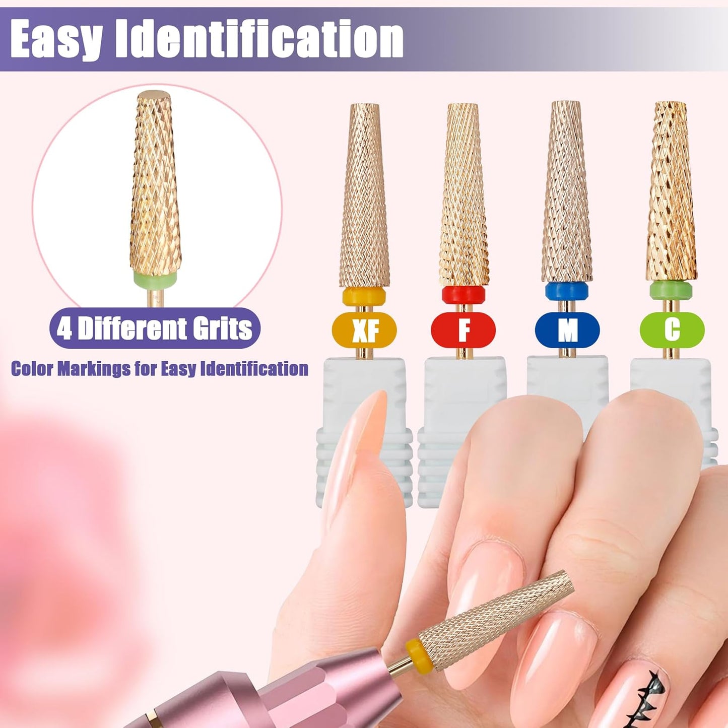 Yakamoz 4Pcs Super Long Nail Drill Bits Set, 3/32" Professional Carbide Tungsten Nail File Bits C M F XF Safety Efile Nail Bits for Nails Gel Polish Manicure Pedicure