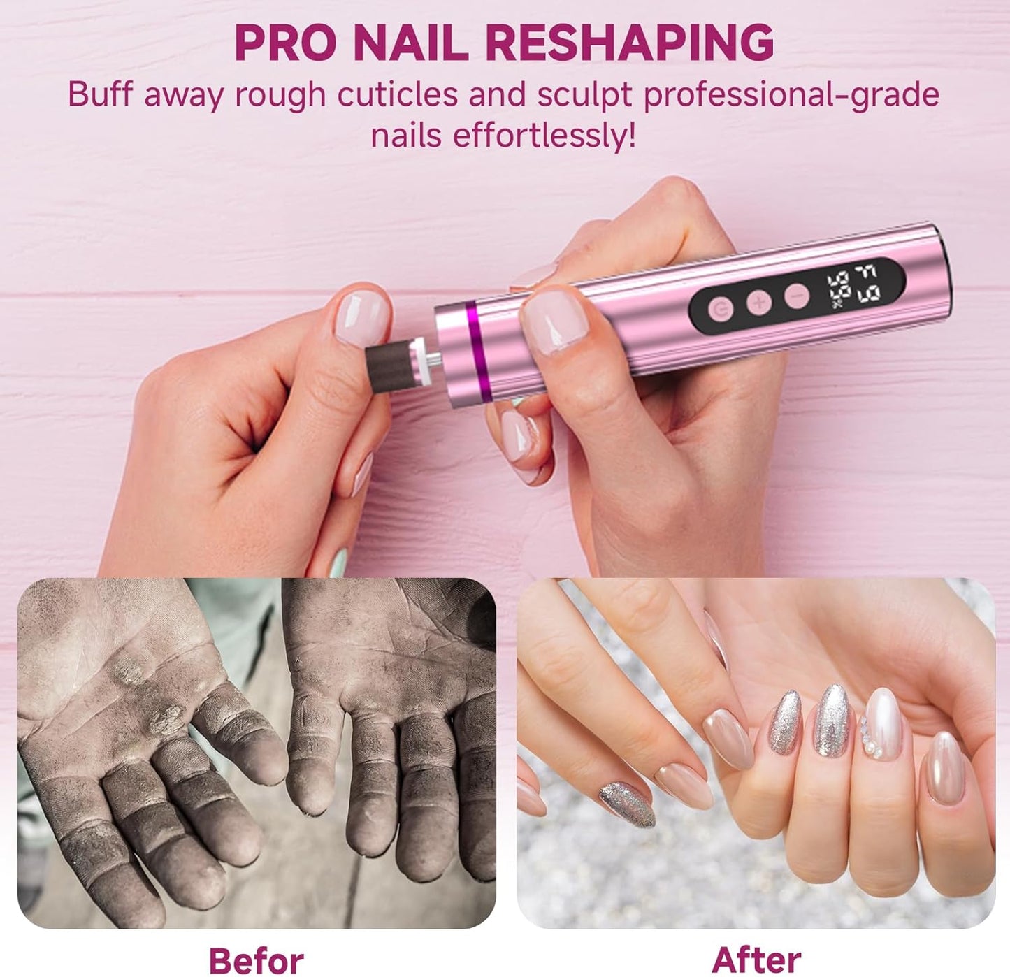Electric Foot Nail File Cordless, 2 in 1 Wireless Dermave Electric Foot Callus Remover, Adjustable 9 Speed Rechargeable Pedicure Foot Filer Tool w/Sandpaper Discs & Nail Drill Bits,Digital Display
