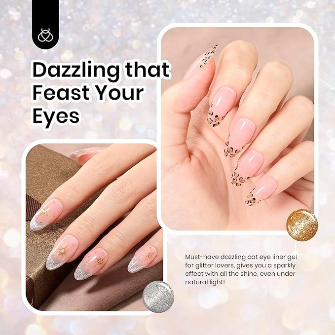 Beetles Nail Art Polish- 2 Colors Cat Eye Liner Gel Polish Gold Sliver Glitter Gel Nail polish Soak Off UV Built Thin Nail Brush in Bottle Gifts for Women
