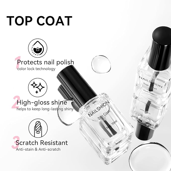 2Pcs Top Coat for Nail Polish, Quick Air Dry Clear Regular Nail Polishes High Shine Finish Long-Lasting Color Protection No Chip Vegan Hema-free Non-gel Salon Nail Art Gift for Women