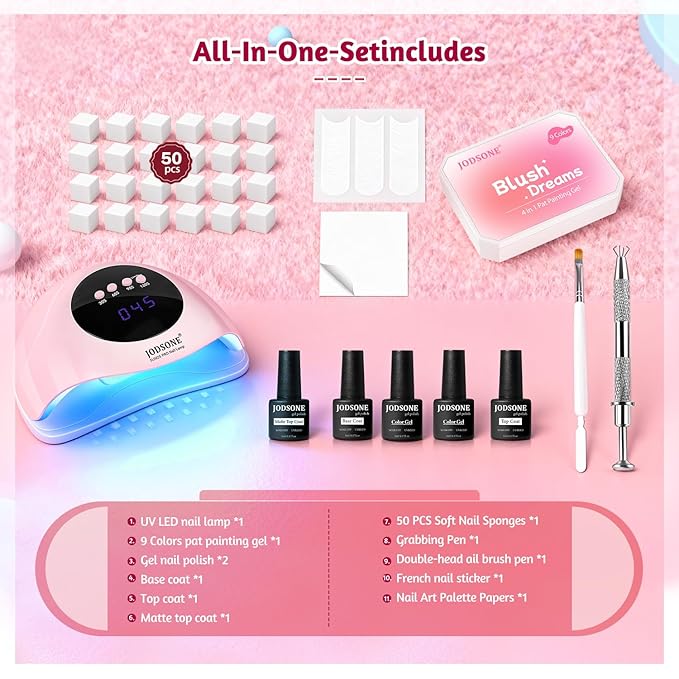 JODSONE 9 Colors Gradient Patting Gel Nail Polish Kit with U V Nail Lamp with 50 PCS Nail Sponges and Grabbing Pen