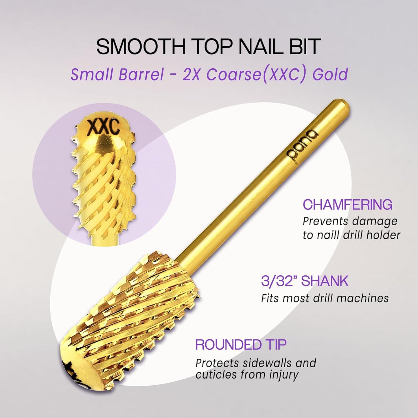 PANA 3/32" Small Smooth Round Top Safety Carbide Nail Drill Bit for Gel Polish & Acrylic Removal Nail Salon Manicure Pedicure Electric File Tools (Small Barrel - Gold, 2X Coarse)